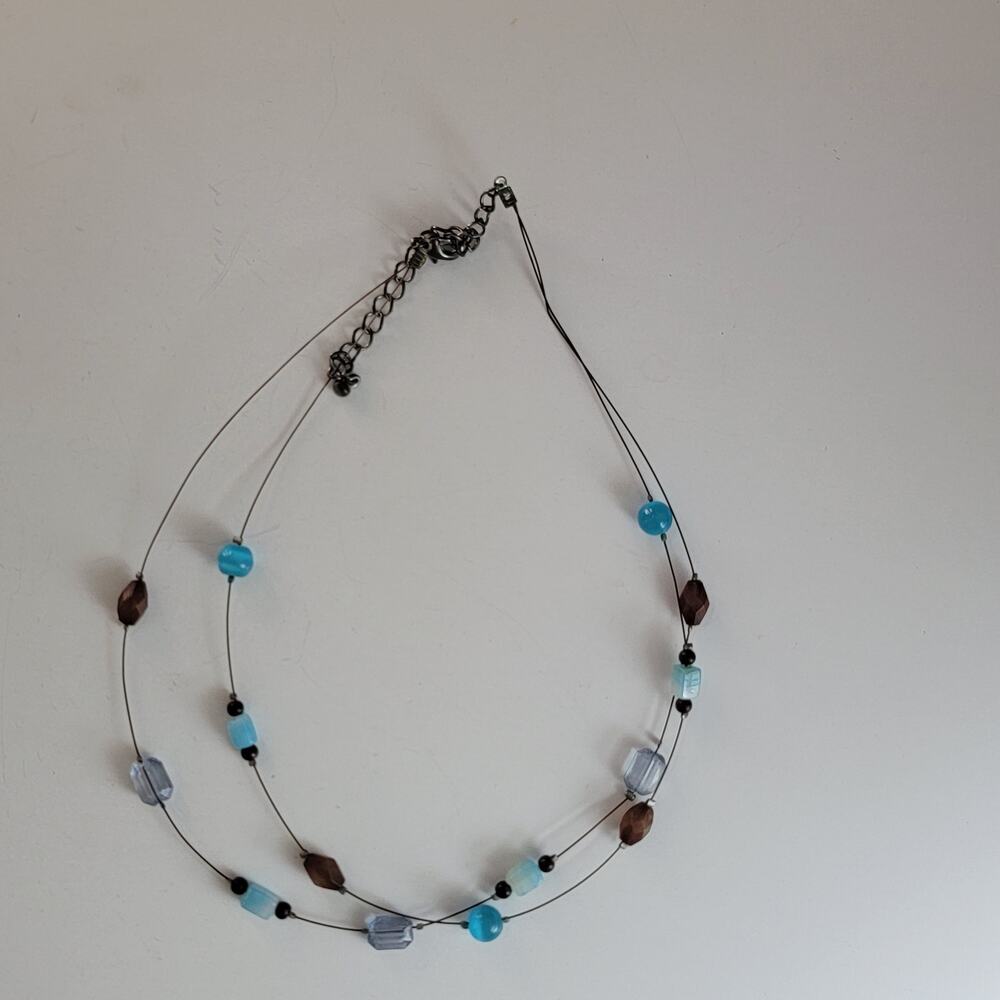 1990s Vintage Multi-Strand Wire Necklace Blue Brown Glass Bead Statement 18 Inch